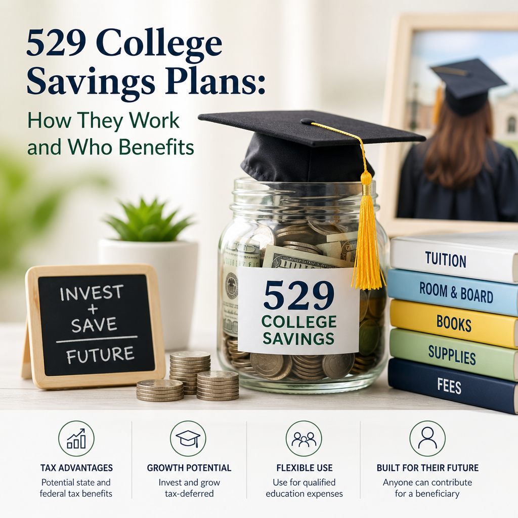 Illustration of a 529 college savings plan showing tax benefits, investment growth, and education savings.