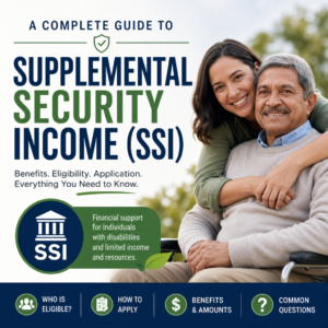 Illustration of Supplemental Security Income guide with benefits, eligibility, and application icons for financial support
