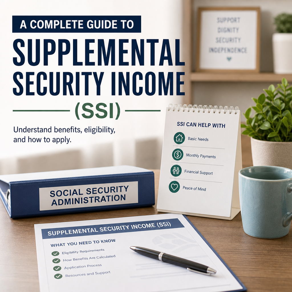 Illustration of SSI benefits, eligibility, and application process with guidebook and money icons