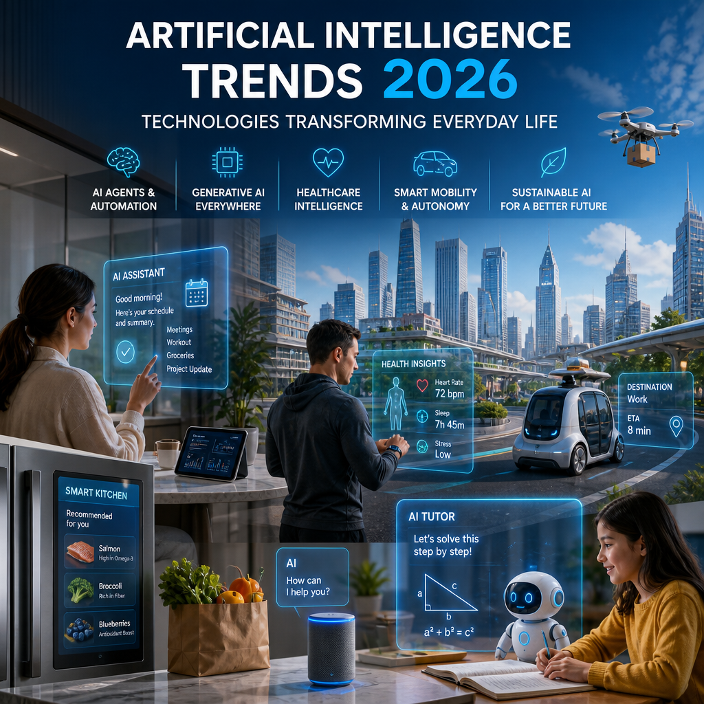 Illustration of AI agents, generative AI, healthcare, smart mobility, and sustainable AI shaping daily life in 2026