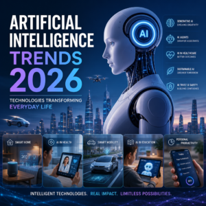 Illustration of AI trends in 2026 across smart homes, health, mobility, education, and productivity