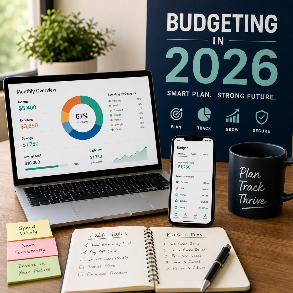 Laptop showing a 2026 budgeting dashboard with charts, financial goals, a notebook, and notes