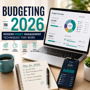 Person using a budgeting app with charts, notes, and goal planning on a desk