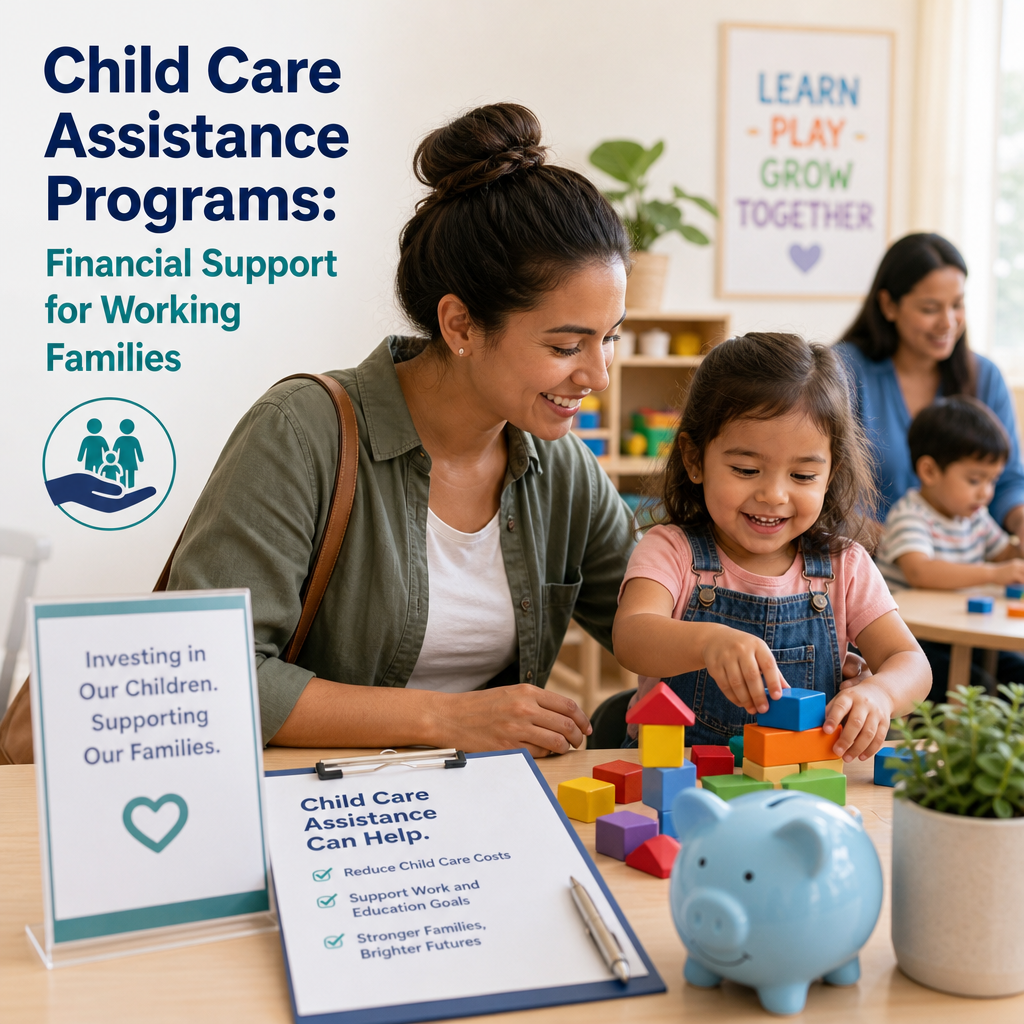 Smiling mother and child playing with blocks in a childcare center, representing child care assistance programs