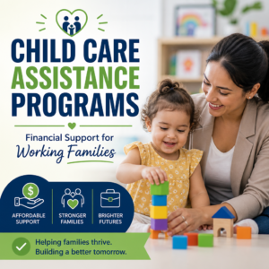 Working family with child and financial support icons for child care assistance programs