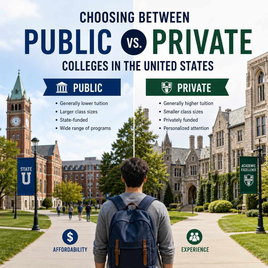 Infographic comparing public vs private colleges in the U.S., showing tuition, class size, funding, and student experience