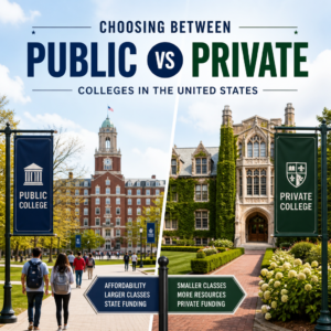 Comparison graphic of public vs private colleges in the U.S., showing affordability and campus resources.
