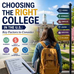 Checklist of factors for choosing the right college: academics, cost, campus life, location, careers, and fit