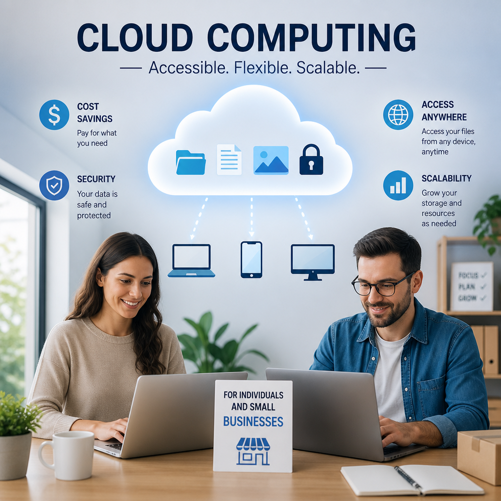 Two professionals using laptops with cloud computing benefits icons for savings, security, access anywhere, and scalability