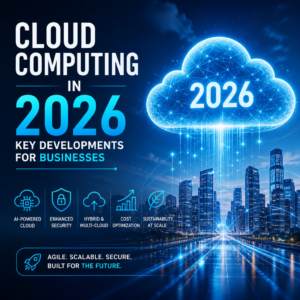 Illustration of cloud computing in 2026 with AI, security, hybrid cloud, cost optimization, and sustainability icons