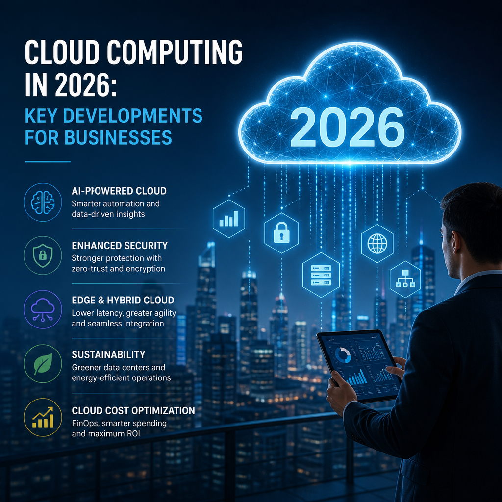 Infographic of cloud computing in 2026: AI, security, hybrid cloud, sustainability, and cost optimization for businesses