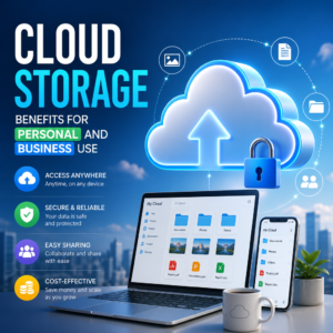 Cloud storage icon with secure file sharing and easy access for personal and business use