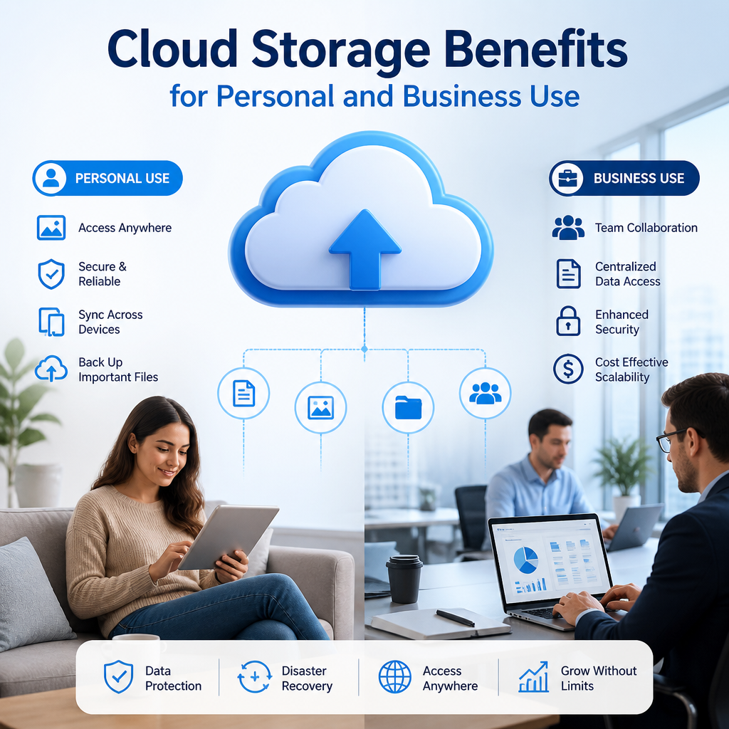 Infographic showing cloud storage benefits for personal and business use with feature icons and labels