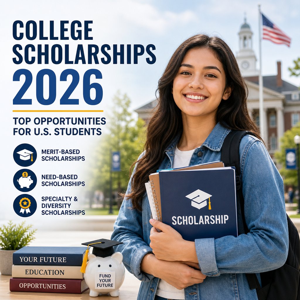 Illustration of college scholarship opportunities for U.S. students, including merit, need-based, and diversity aid