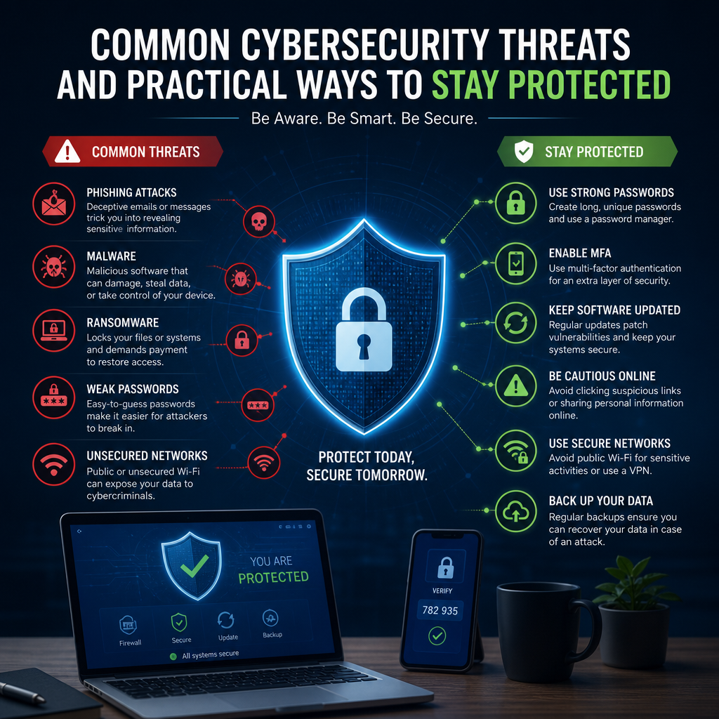 Infographic on common cybersecurity threats and practical tips to protect accounts, devices, and personal information