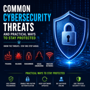 Infographic on common cybersecurity threats and practical steps to stay protected