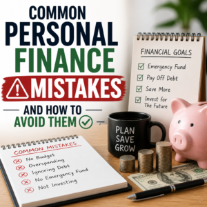Illustration of budgeting, saving, and investing tips to avoid common personal finance mistakes.
