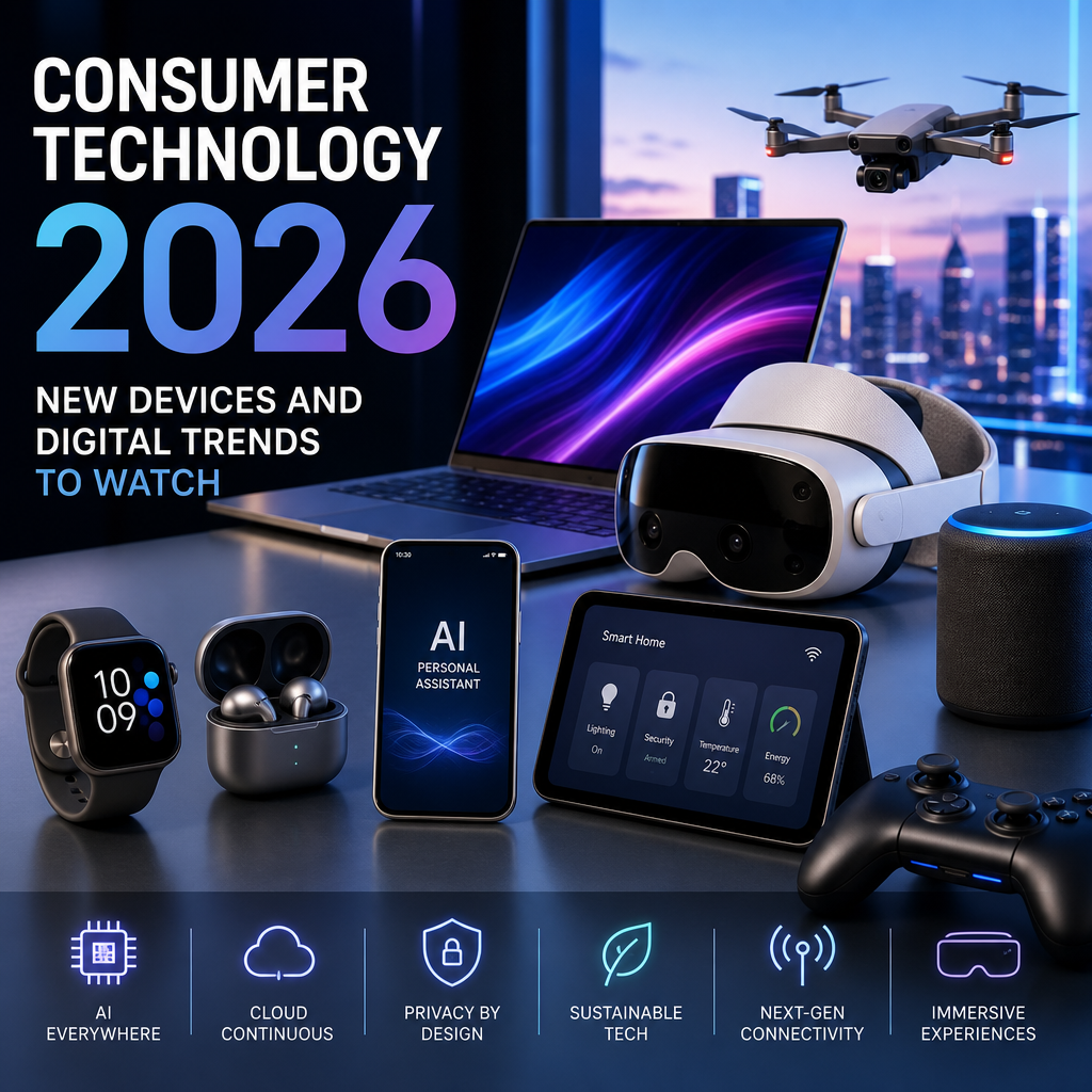 Futuristic smart devices, AI, VR headset, and next-gen connectivity illustrating consumer technology trends for 2026