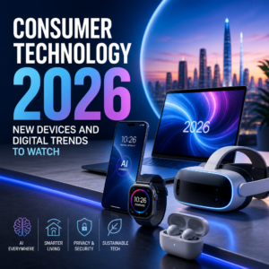 Futuristic 2026 consumer tech devices with AI, smart living, privacy, and sustainable design