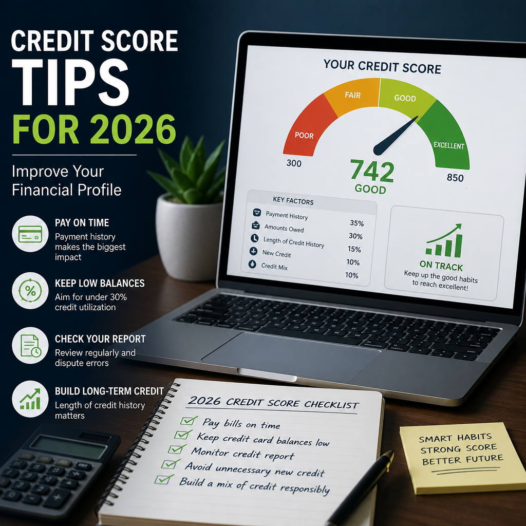 Laptop screen showing a good credit score and financial improvement checklist for 2026