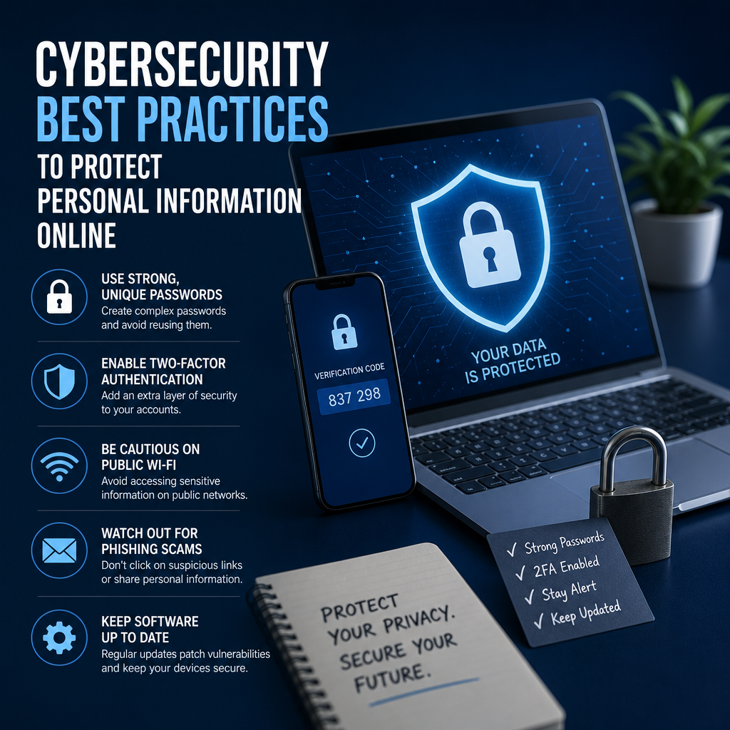 Infographic on cybersecurity best practices: passwords, two-factor authentication, phishing, Wi-Fi caution, and updates