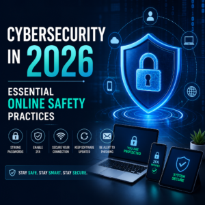 Cybersecurity shield and lock icons highlighting essential online safety practices for 2026