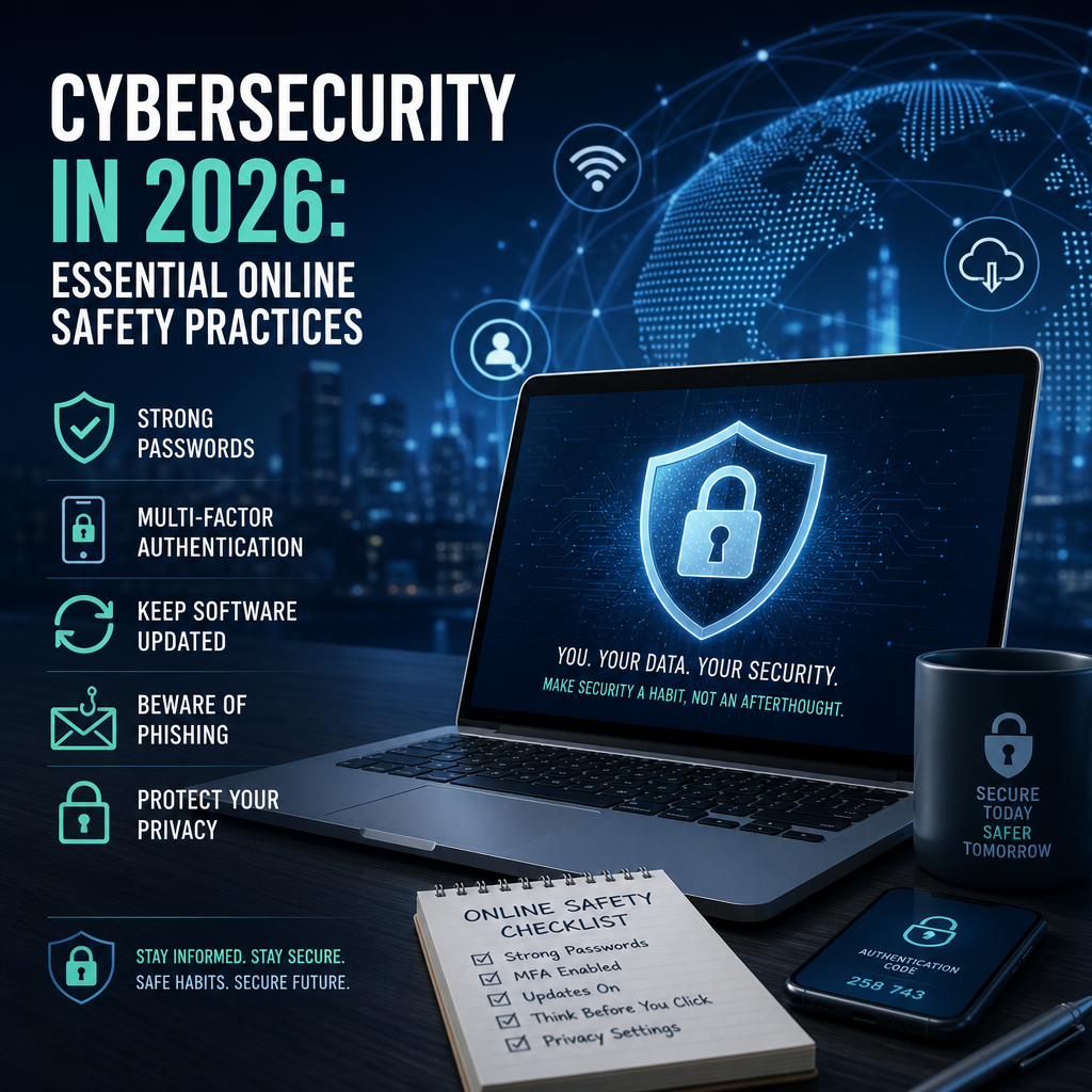 Infographic on cybersecurity online safety practices: strong passwords, MFA, and phishing awareness