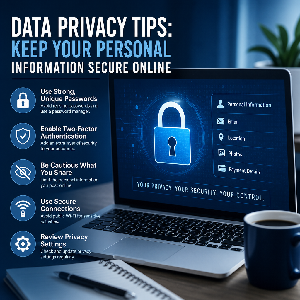 Illustration of data privacy tips: strong passwords, two-factor authentication, and secure online connections