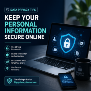 Illustration of data privacy tips with strong passwords and two-factor authentication to protect personal information online