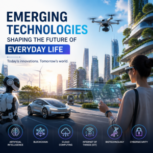 Futuristic cityscape showing AI, blockchain, IoT, biotech, and cybersecurity in everyday life