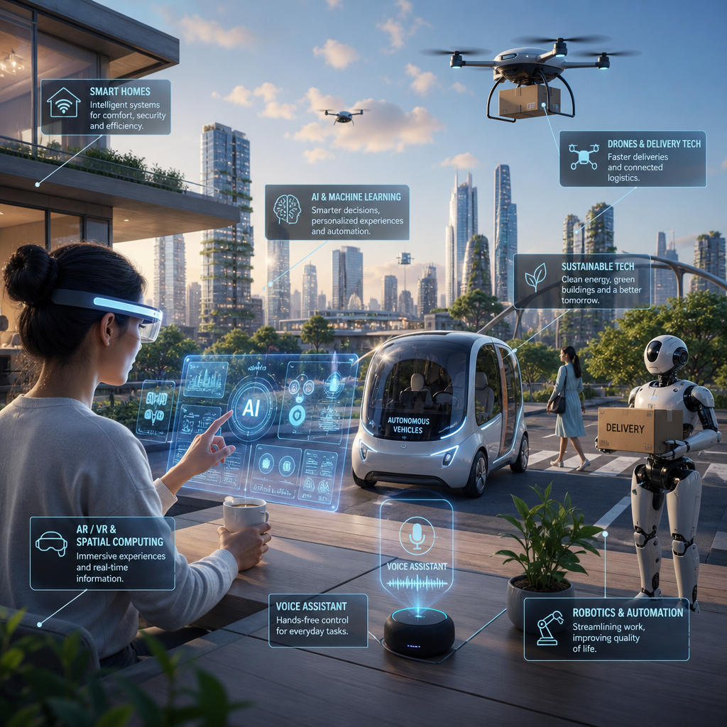 Futuristic smart city with AI, robots, drones, autonomous vehicles, and sustainable tech