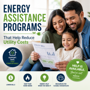 Happy family reviewing utility bill savings from energy assistance programs