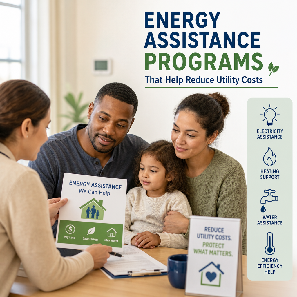 Family receiving information about energy assistance programs to help reduce utility bills