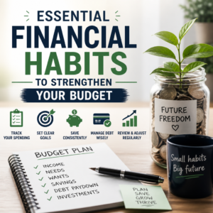 Illustrated budgeting checklist with icons for tracking spending, saving, debt, goals, and review.