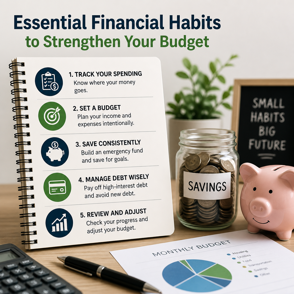 Illustration of budgeting tools and notes for tracking spending, saving, debt, and reviewing finances.