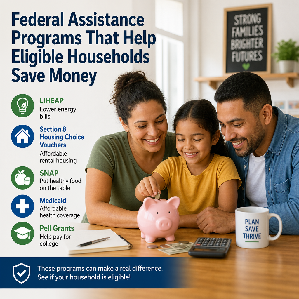 Illustration of federal assistance programs saving eligible households money on energy, housing, food, healthcare, and educat