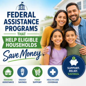Happy family with icons for housing, energy, food, and healthcare savings through federal assistance programs