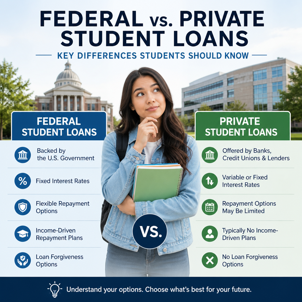 Comparison infographic of federal vs. private student loans, showing key differences in repayment, interest, and borrower opt