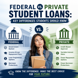 Comparison infographic showing key differences between federal and private student loans for students to compare options.