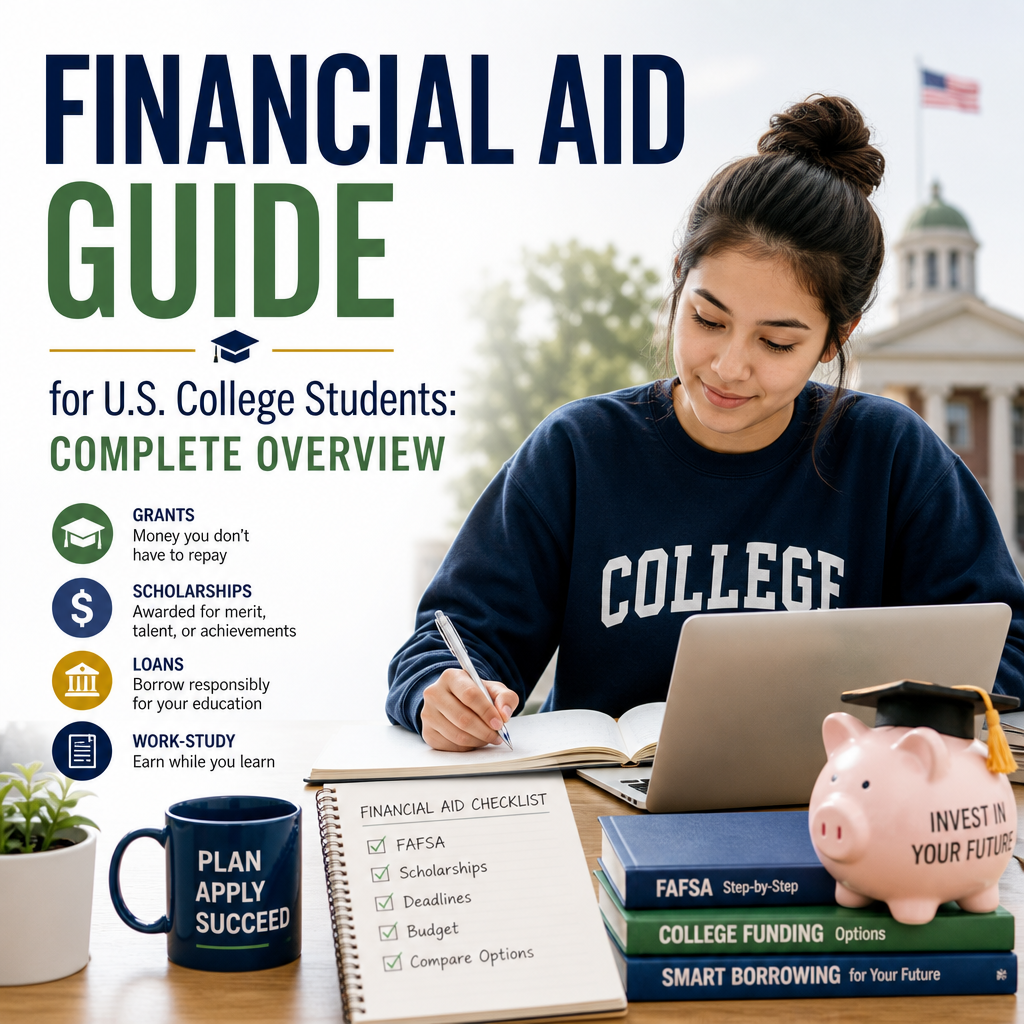 Illustration of a college student with financial aid icons for grants, scholarships, loans, and work-study