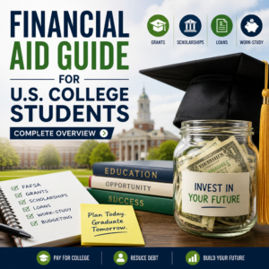 Illustration of a U.S. college student with financial aid icons for grants, scholarships, loans, and work-study