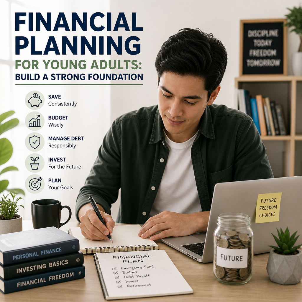Young adult reviewing a financial plan for budgeting, saving, debt, investing, and future goals.