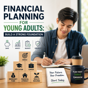 Young adults reviewing financial planning notes with savings, budgeting, investing, and wealth protection icons