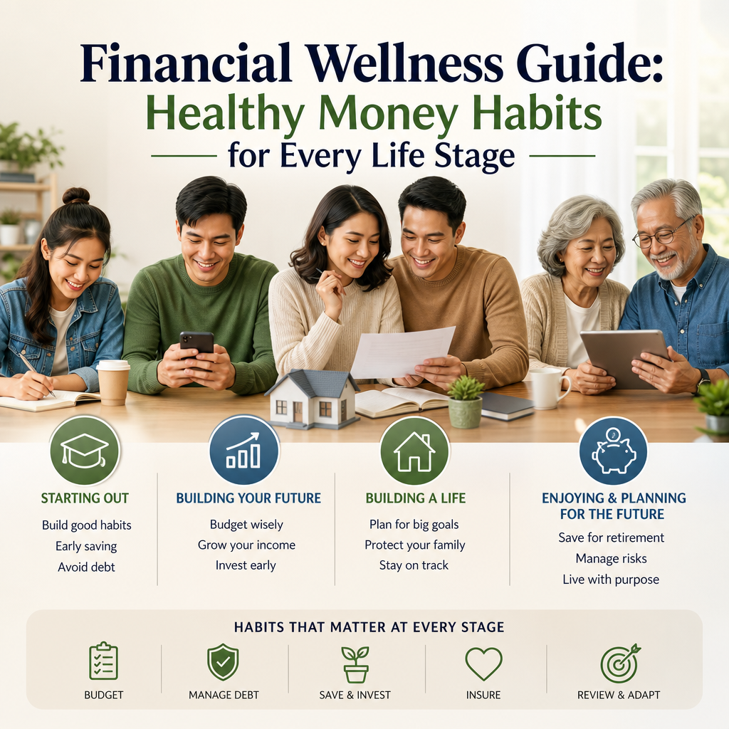 Financial wellness guide with icons for budgeting, saving, investing, debt management, and planning