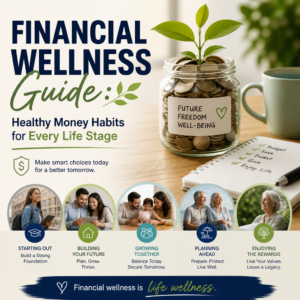 Financial wellness guide showing healthy money habits for budgeting, saving, debt management, and planning ahead