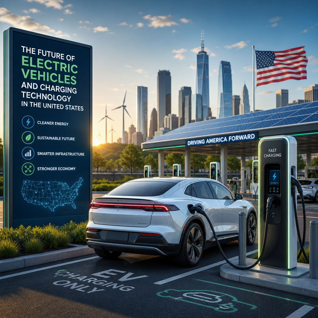 Modern electric vehicle charging station with EV car and sustainable city energy backdrop