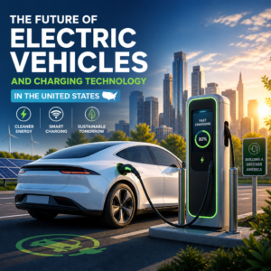 Electric vehicle charging station with a plugged-in EV and renewable energy imagery