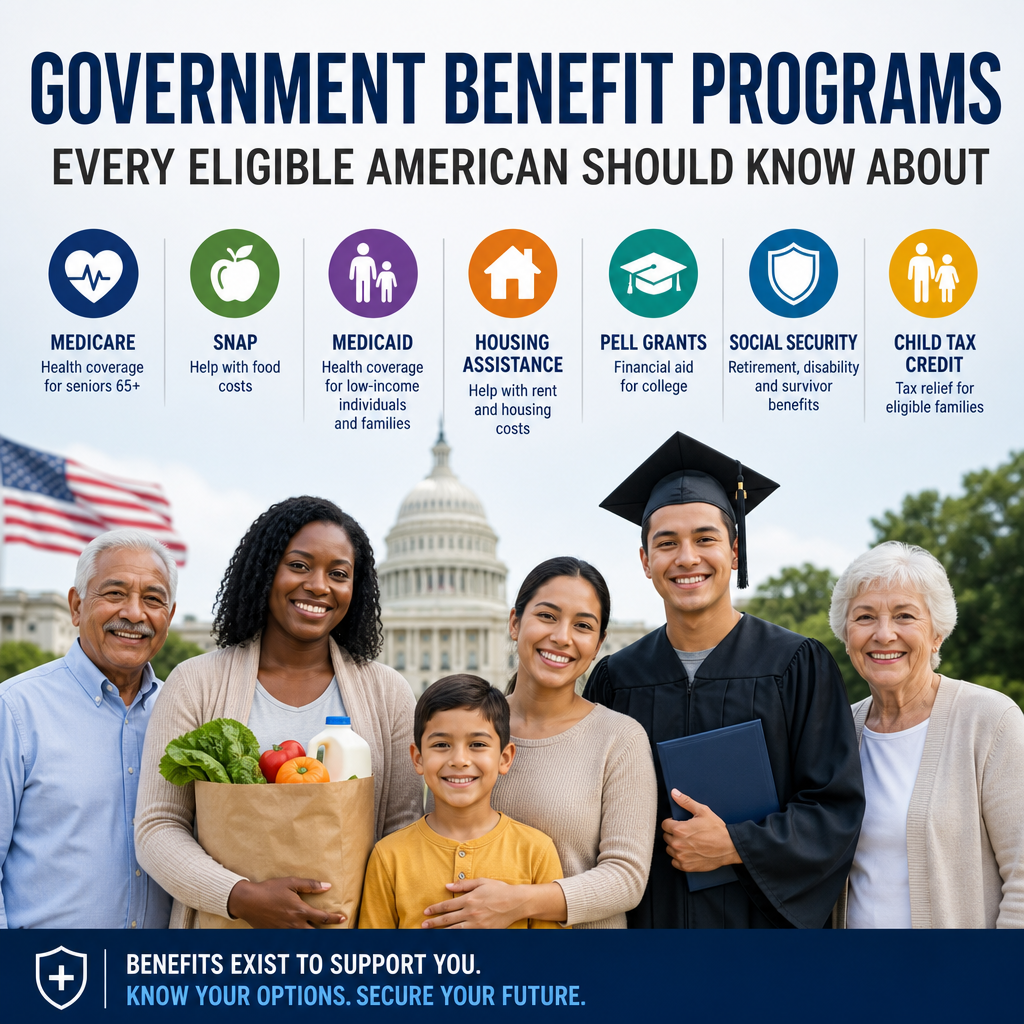 Icons for Medicare, SNAP, Medicaid, housing, Pell grants, Social Security, and child tax credit on a chart