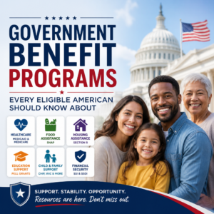 Diverse family in front of the U.S. Capitol with icons for key government benefit programs