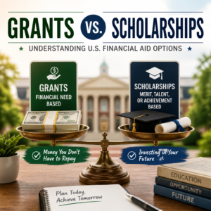 Comparison infographic of U.S. financial aid options: grants versus scholarships.